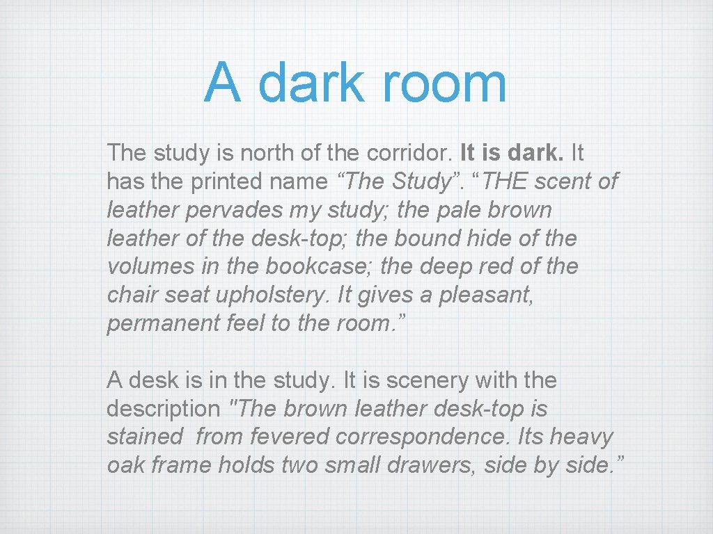 A dark room The study is north of the corridor. It is dark. It