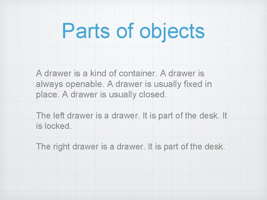 Parts of objects A drawer is a kind of container. A drawer is always