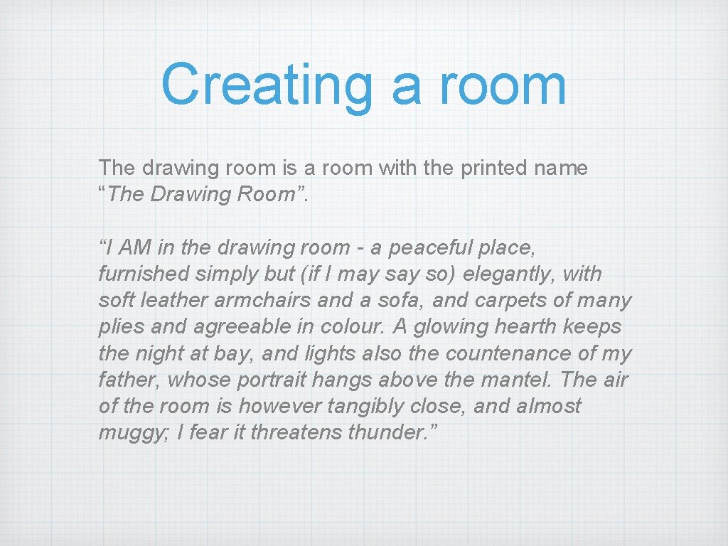 Creating a room The drawing room is a room with the printed name “The