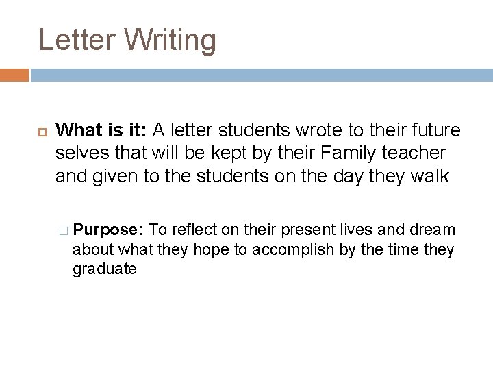 Letter Writing What is it: A letter students wrote to their future selves that