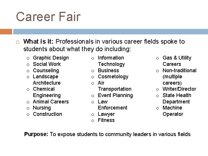 Career Fair What is it: Professionals in various career fields spoke to students about