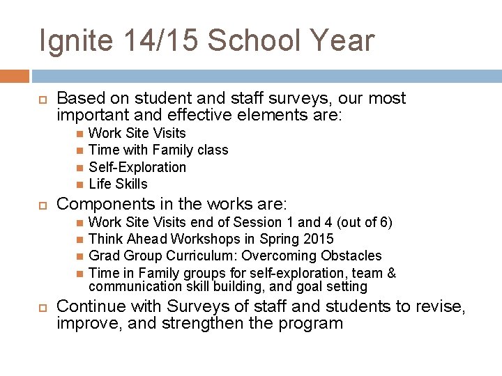 Ignite 14/15 School Year Based on student and staff surveys, our most important and