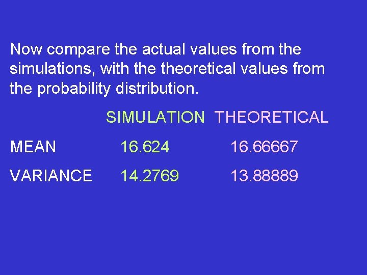 Now compare the actual values from the simulations, with theoretical values from the probability