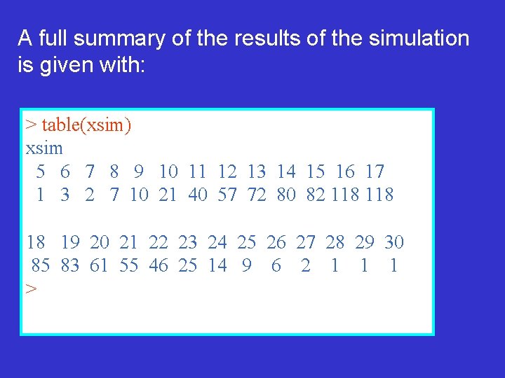 A full summary of the results of the simulation is given with: > table(xsim)