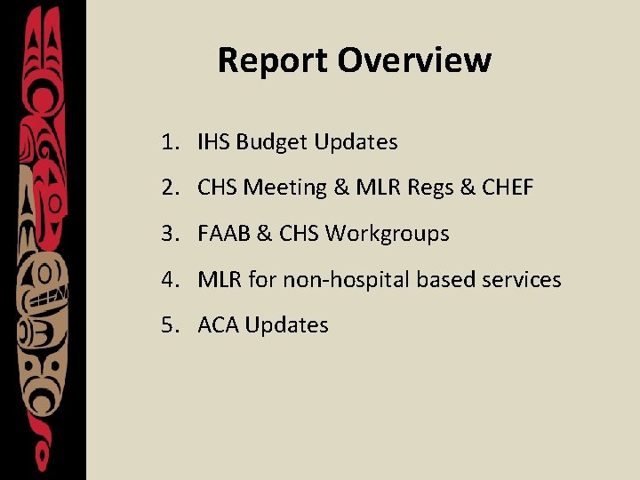 Report Overview 1. IHS Budget Updates 2. CHS Meeting & MLR Regs & CHEF