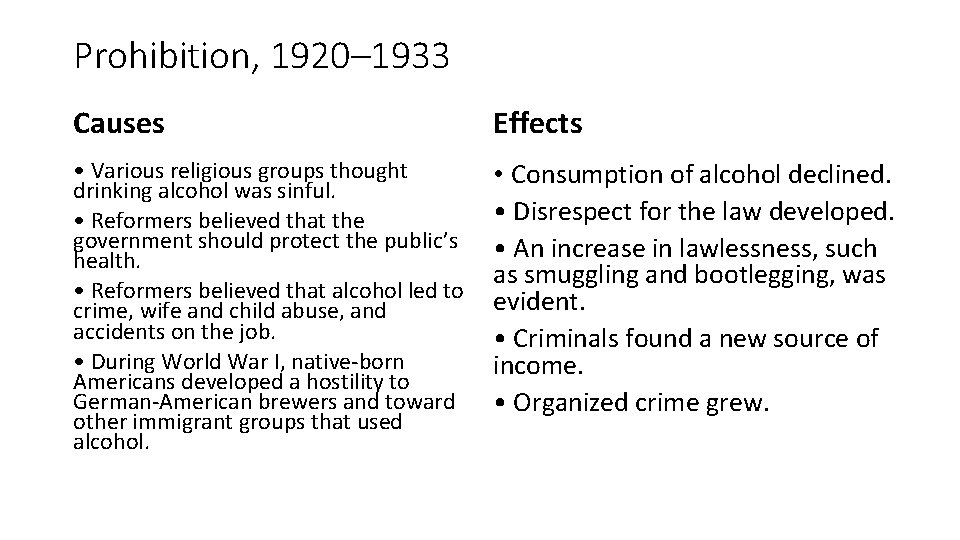 Prohibition, 1920– 1933 Causes Effects • Various religious groups thought drinking alcohol was sinful.