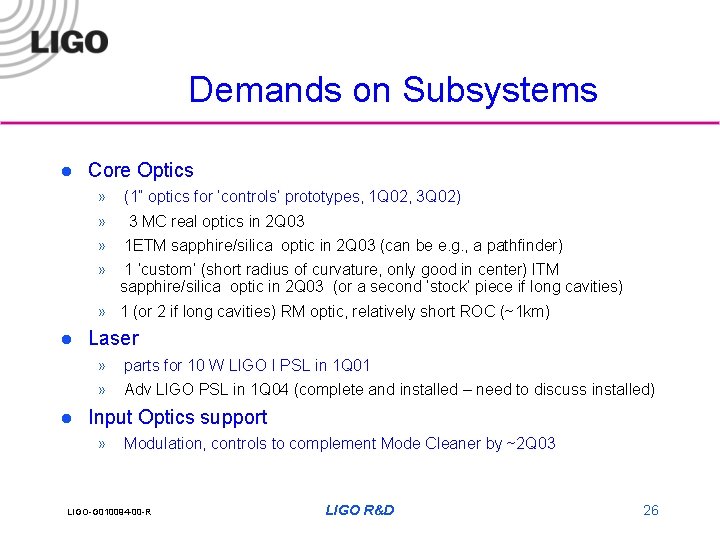 Demands on Subsystems l Core Optics » » (1” optics for ‘controls’ prototypes, 1