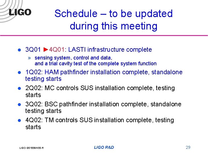 Schedule – to be updated during this meeting l 3 Q 01 ► 4