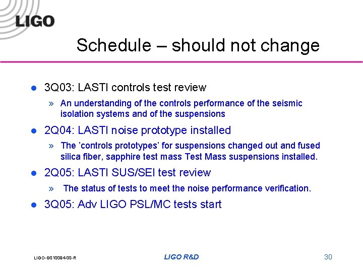 Schedule – should not change l 3 Q 03: LASTI controls test review »