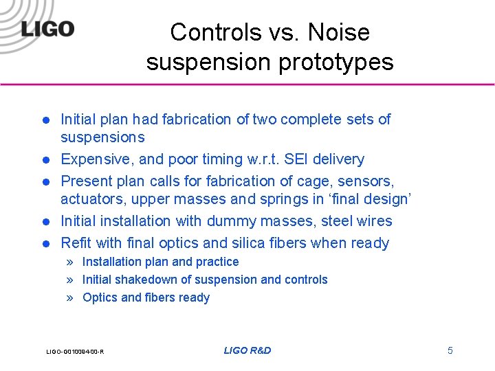 Controls vs. Noise suspension prototypes l l l Initial plan had fabrication of two