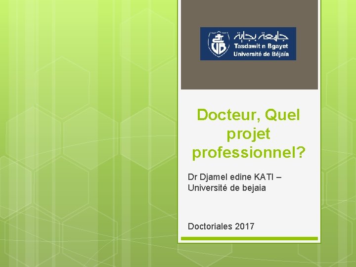 Docteur, Quel projet professionnel? Dr Djamel edine KATI – Université de bejaia Doctoriales 2017