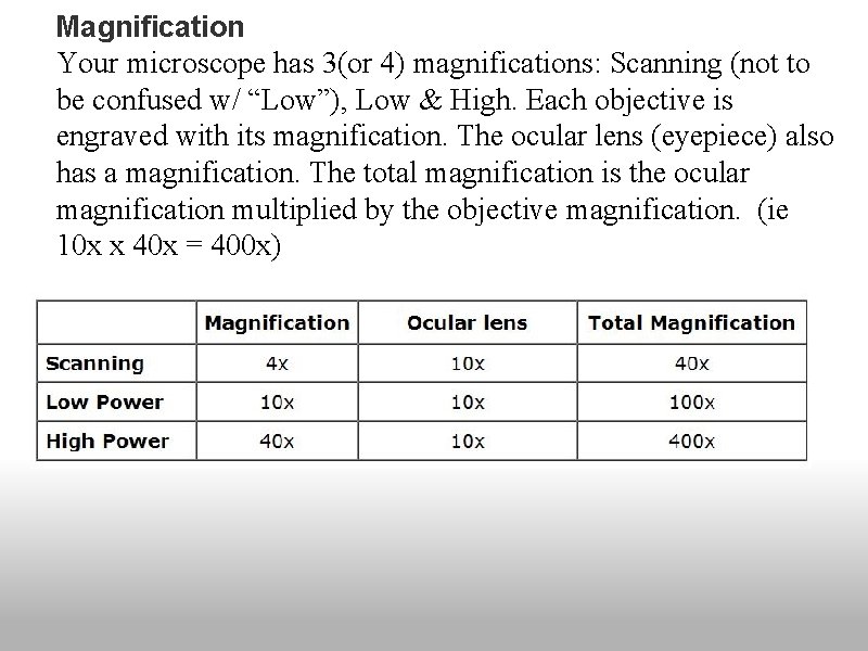 Magnification Your microscope has 3(or 4) magnifications: Scanning (not to be confused w/ “Low”),