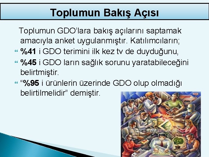 Toplumun Bakış Açısı Toplumun GDO’lara bakış açılarını saptamak amacıyla anket uygulanmıştır. Katılımcıların; %41 i