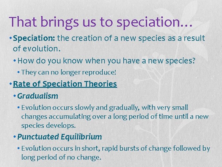 That brings us to speciation… • Speciation: the creation of a new species as