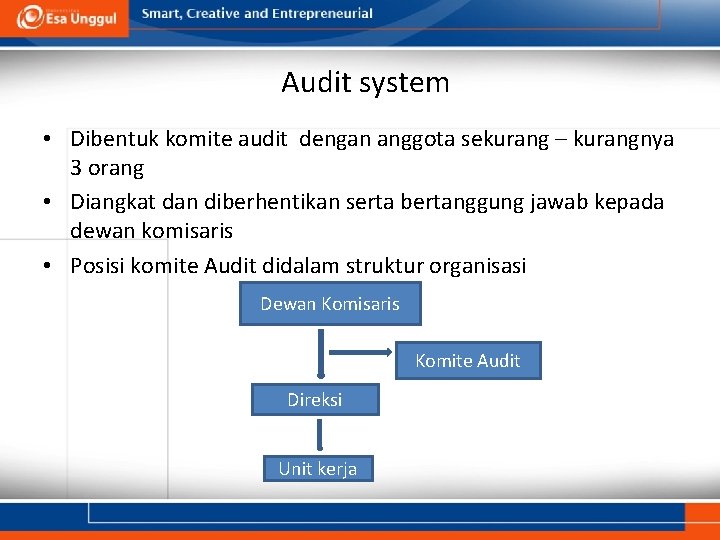 Audit system • Dibentuk komite audit dengan anggota sekurang – kurangnya 3 orang •