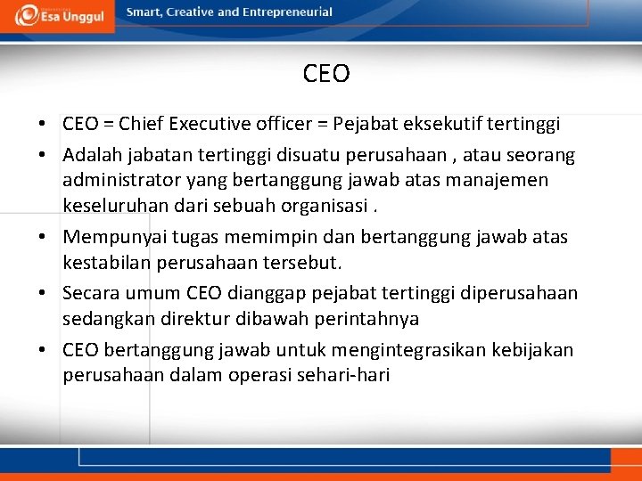 CEO • CEO = Chief Executive officer = Pejabat eksekutif tertinggi • Adalah jabatan