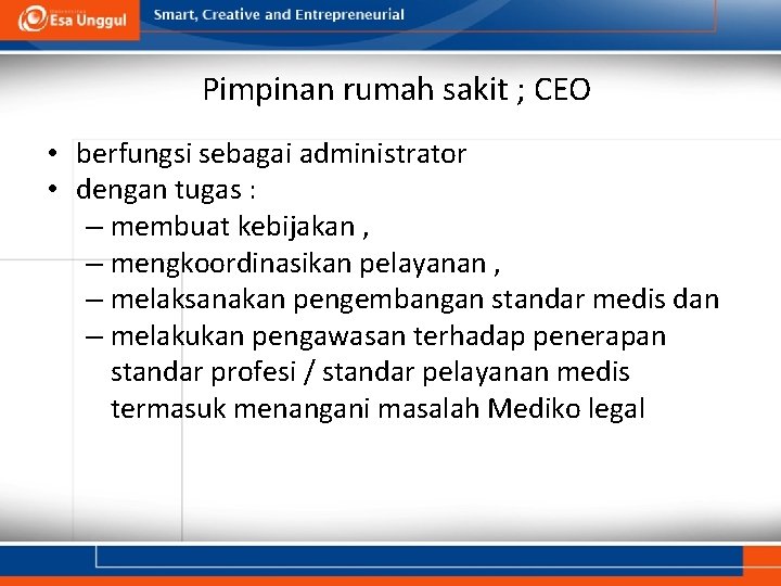 Pimpinan rumah sakit ; CEO • berfungsi sebagai administrator • dengan tugas : –