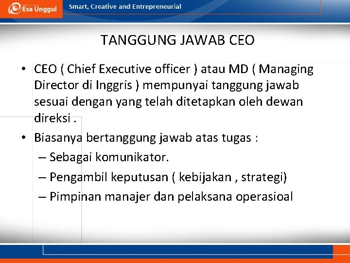 TANGGUNG JAWAB CEO • CEO ( Chief Executive officer ) atau MD ( Managing