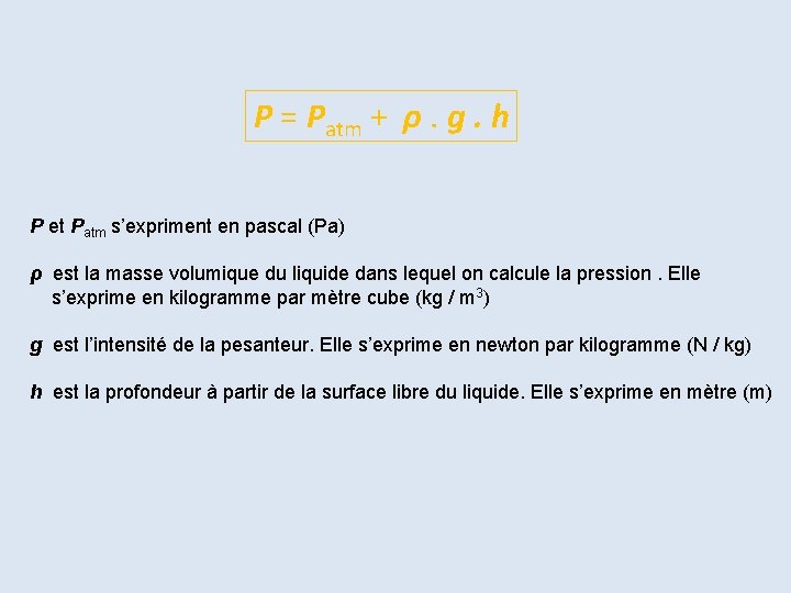 P = Patm + ρ. g. h P et Patm s’expriment en pascal (Pa)