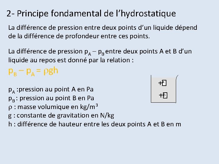 2 - Principe fondamental de l’hydrostatique La différence de pression entre deux points d’un