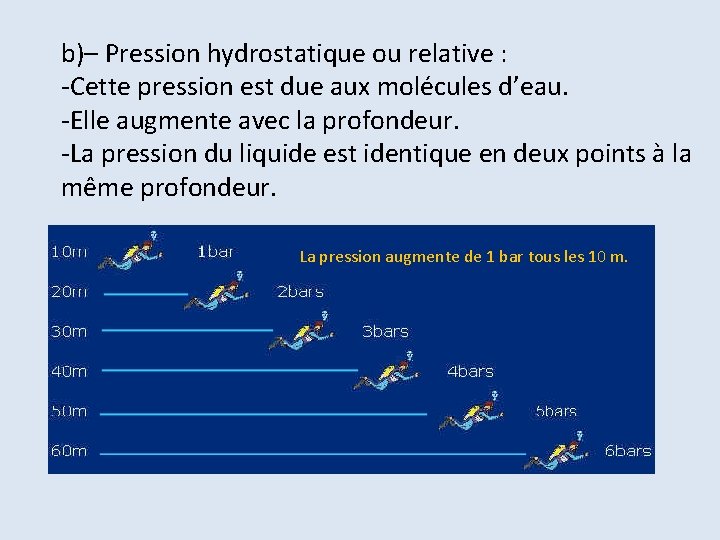 b)– Pression hydrostatique ou relative : -Cette pression est due aux molécules d’eau. -Elle