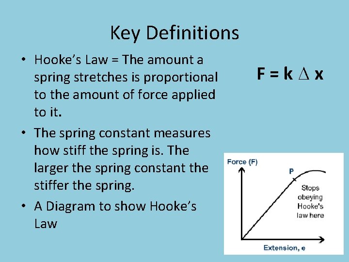 Key Definitions • Hooke’s Law = The amount a spring stretches is proportional to