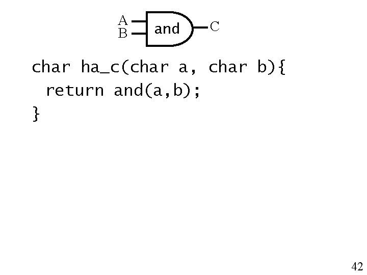 A B and C char ha_c(char a, char b){ return and(a, b); } 42