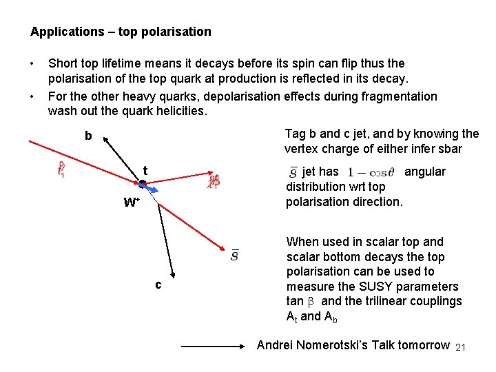 Applications – top polarisation • • Short top lifetime means it decays before its Applications – top polarisation • • Short top lifetime means it decays before its
