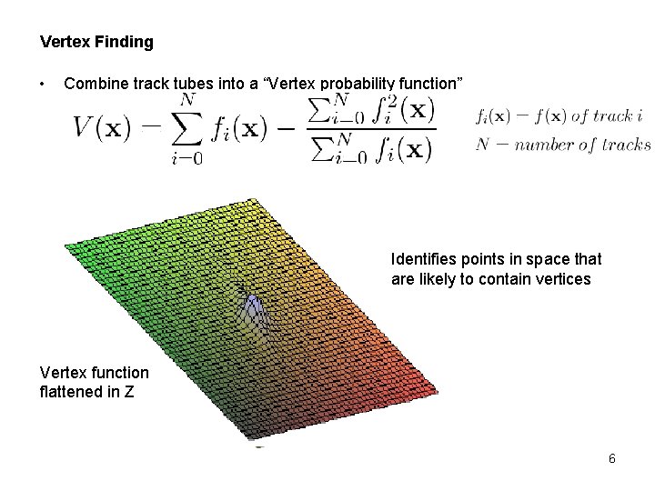 Vertex Finding • Combine track tubes into a “Vertex probability function” Identifies points in Vertex Finding • Combine track tubes into a “Vertex probability function” Identifies points in