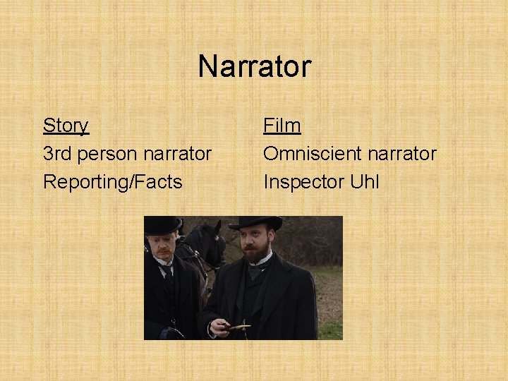 Narrator Story 3 rd person narrator Reporting/Facts Film Omniscient narrator Inspector Uhl 