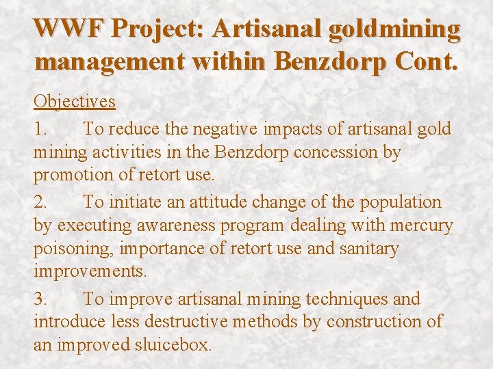 WWF Project: Artisanal goldmining management within Benzdorp Cont. Objectives 1. To reduce the negative