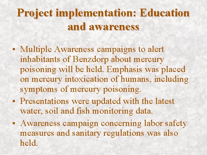 Project implementation: Education and awareness • Multiple Awareness campaigns to alert inhabitants of Benzdorp
