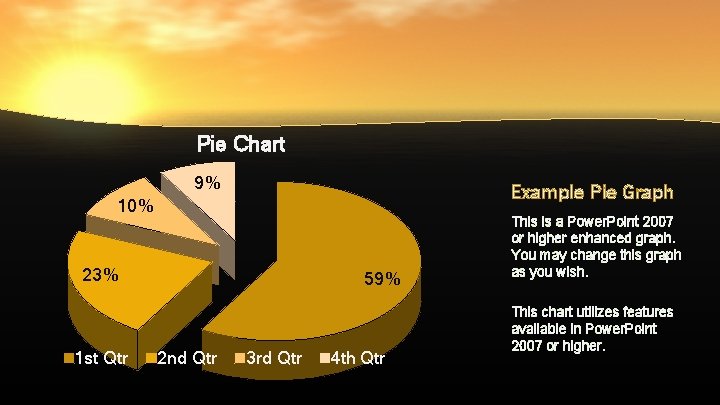 Pie Chart 9% Example Pie Graph 10% 23% 1 st Qtr 59% 2 nd Pie Chart 9% Example Pie Graph 10% 23% 1 st Qtr 59% 2 nd