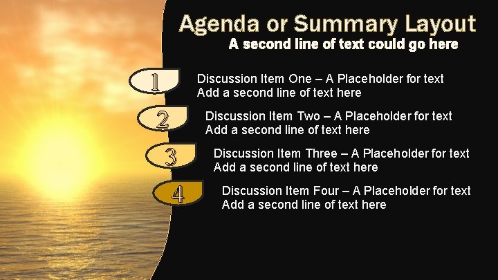Agenda or Summary Layout A second line of text could go here 1 2 Agenda or Summary Layout A second line of text could go here 1 2