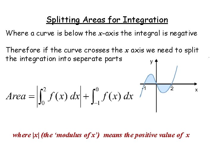 Splitting Areas for Integration Where a curve is below the x-axis the integral is