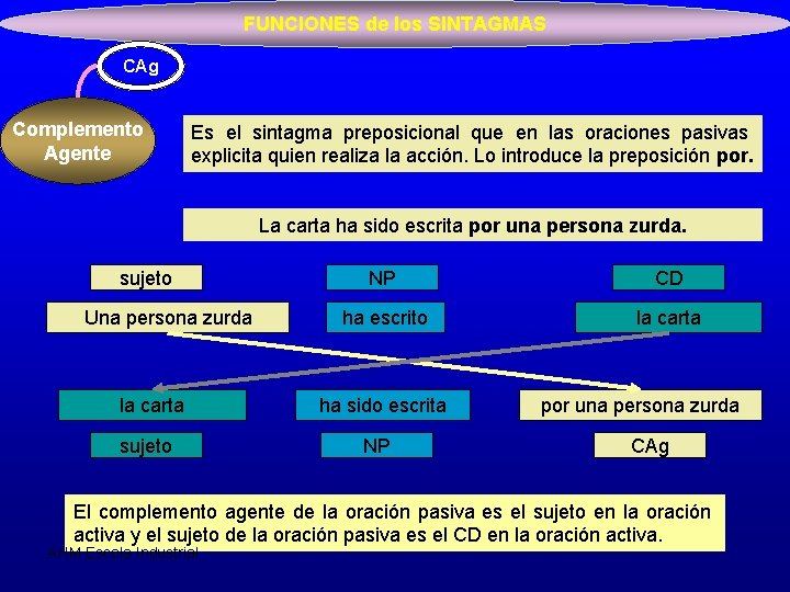 FUNCIONES de los SINTAGMAS CAg Complemento Agente Es el sintagma preposicional que en las