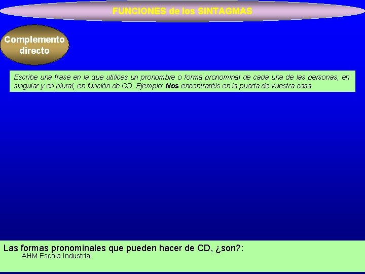 FUNCIONES de los SINTAGMAS Complemento directo Escribe una frase en la que utilices un