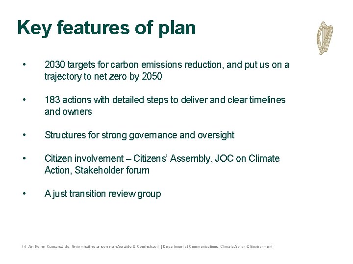 Key features of plan • 2030 targets for carbon emissions reduction, and put us Key features of plan • 2030 targets for carbon emissions reduction, and put us