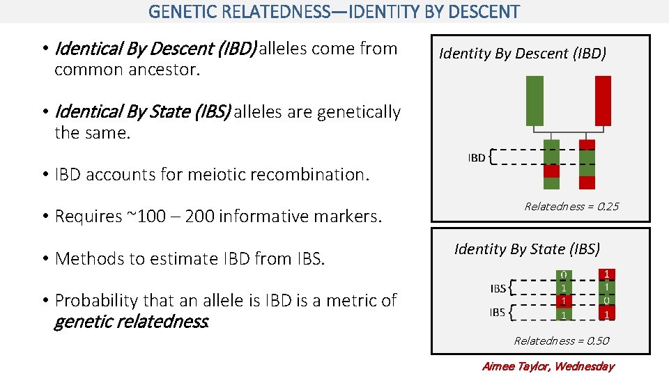 GENETIC RELATEDNESS—IDENTITY BY DESCENT • Identical By Descent (IBD) alleles come from common ancestor.
