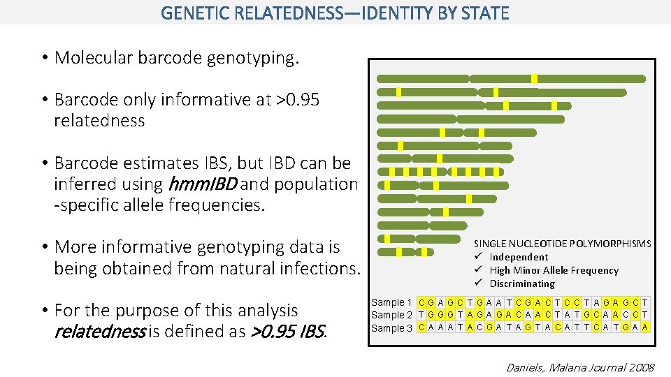 GENETIC RELATEDNESS—IDENTITY BY STATE • Molecular barcode genotyping. • Barcode only informative at >0.