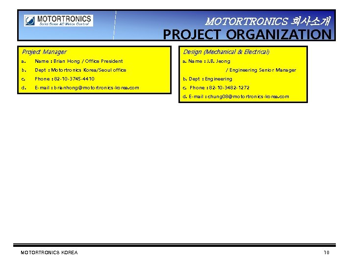 MOTORTRONICS 회사소개 PROJECT ORGANIZATION Project Manager Design (Mechanical & Electrical) a. Name : Brian