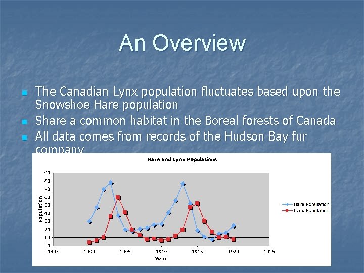 An Overview n n n The Canadian Lynx population fluctuates based upon the Snowshoe