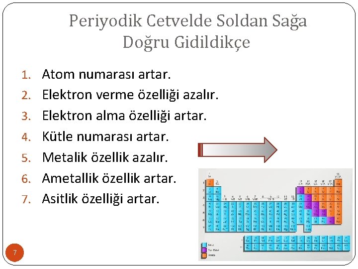 Periyodik Cetvelde Soldan Sağa Doğru Gidildikçe 1. Atom numarası artar. 2. Elektron verme özelliği