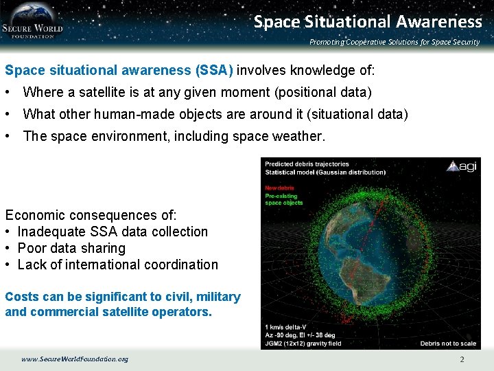 Space Situational Awareness Promoting Cooperative Solutions for Space Security Space situational awareness (SSA) involves