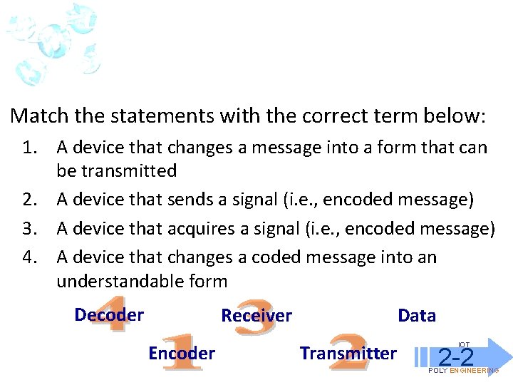 Match the statements with the correct term below: 1. A device that changes a