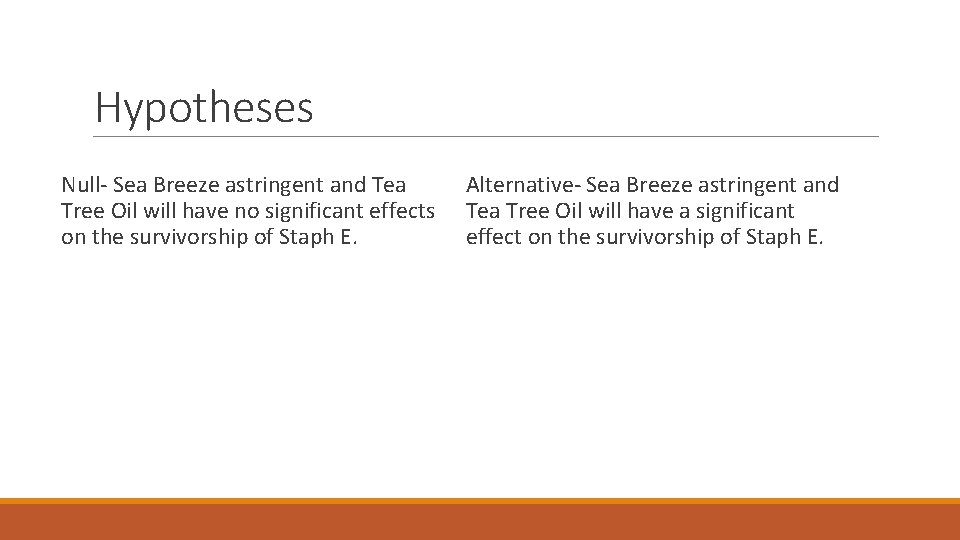 Hypotheses Null- Sea Breeze astringent and Tea Tree Oil will have no significant effects Hypotheses Null- Sea Breeze astringent and Tea Tree Oil will have no significant effects