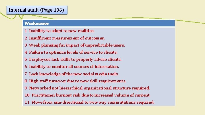 Internal audit (Page 106) Weaknesses 1 Inability to adapt to new realities. 2 Insufficient