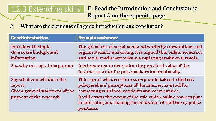 12. 3 Extending skills 3 D Read the Introduction and Conclusion to Report A