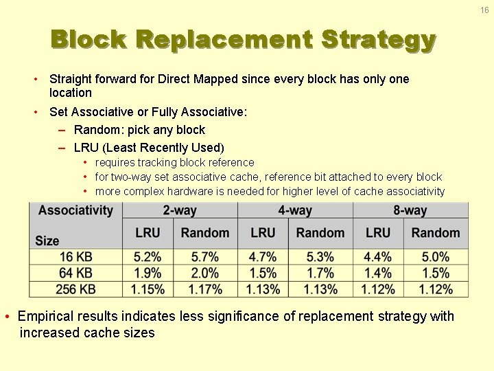 16 Block Replacement Strategy • Straight forward for Direct Mapped since every block has