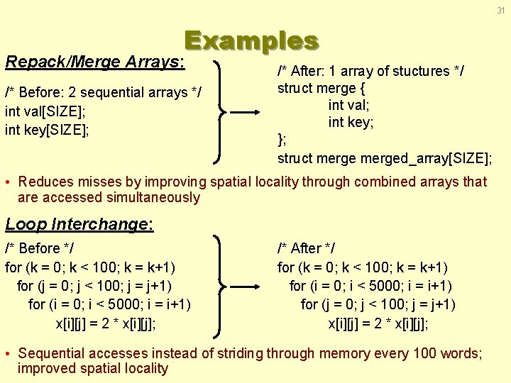 31 Examples Repack/Merge Arrays: /* Before: 2 sequential arrays */ int val[SIZE]; int key[SIZE];